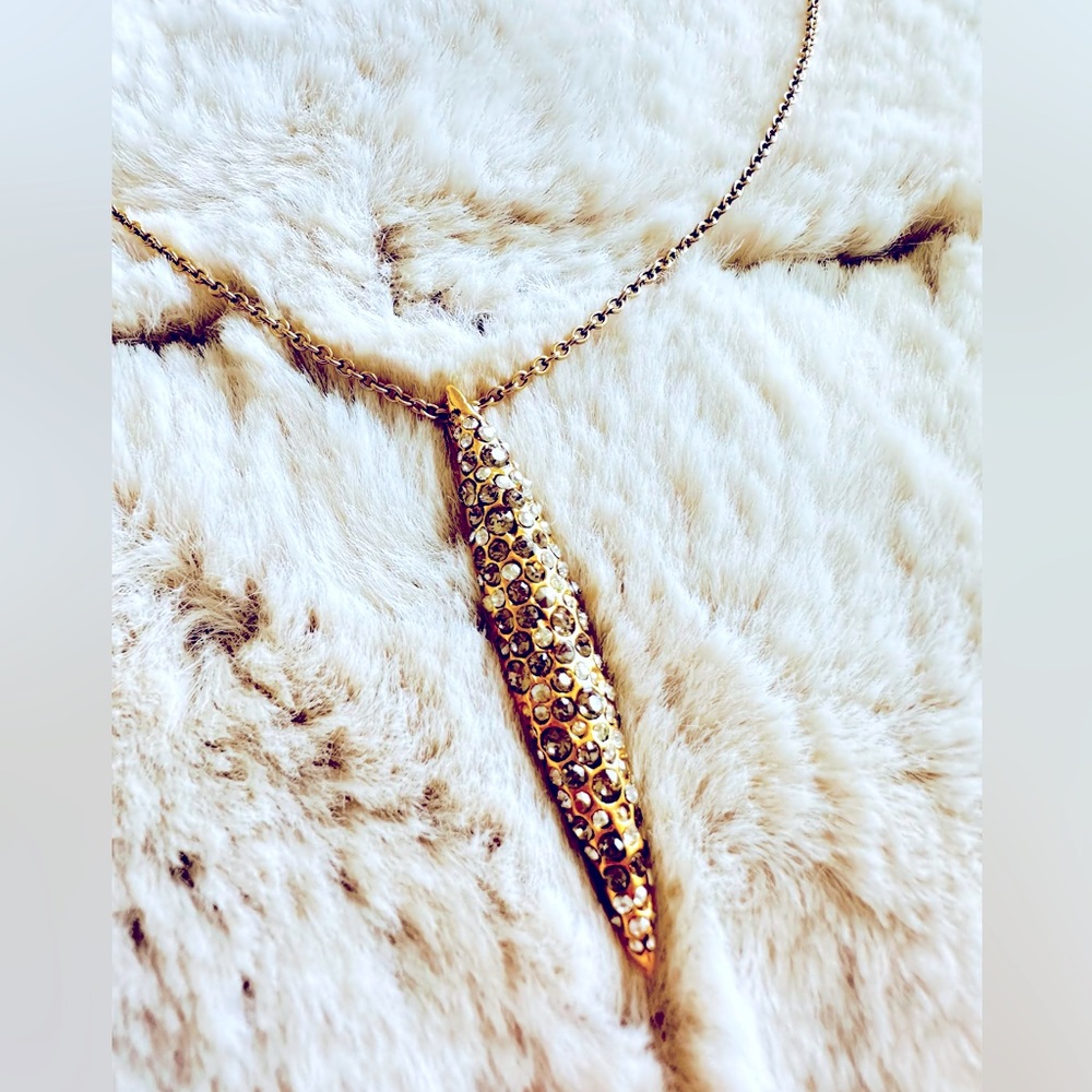 Alexis Bittar necklace with gold gem studded pendant.